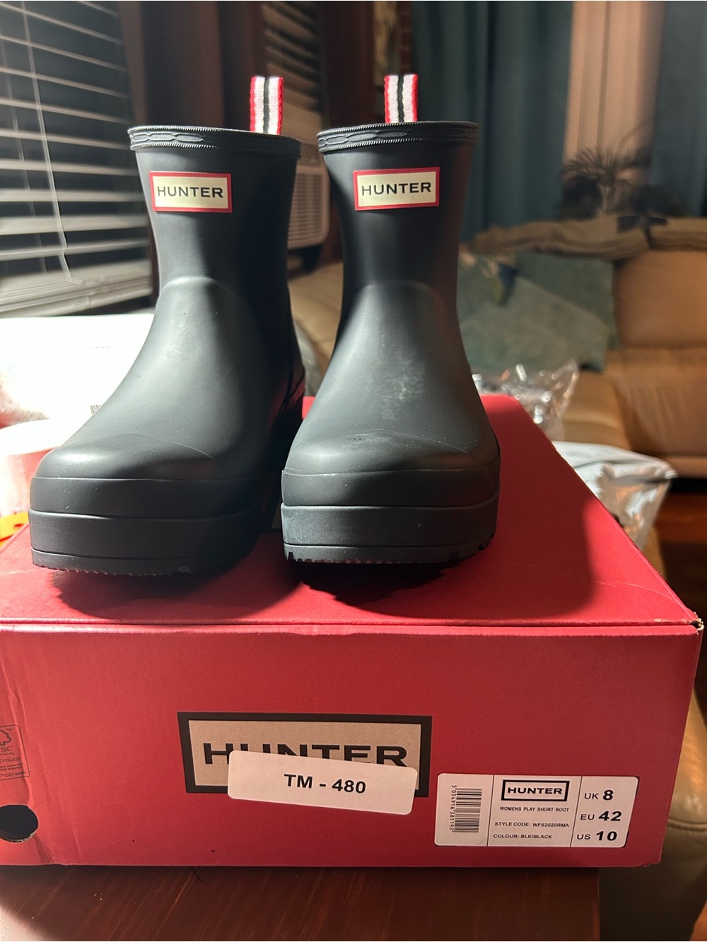 Hunter Black Short Rain Boots with Red Heel Loop